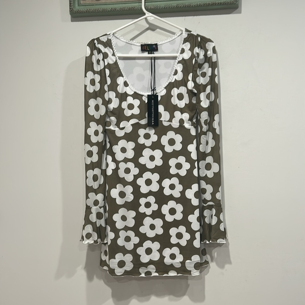 Delia’s retro 70s Floral power Olive White Women's mod mesh mini dress medium - Picture 5 of 6